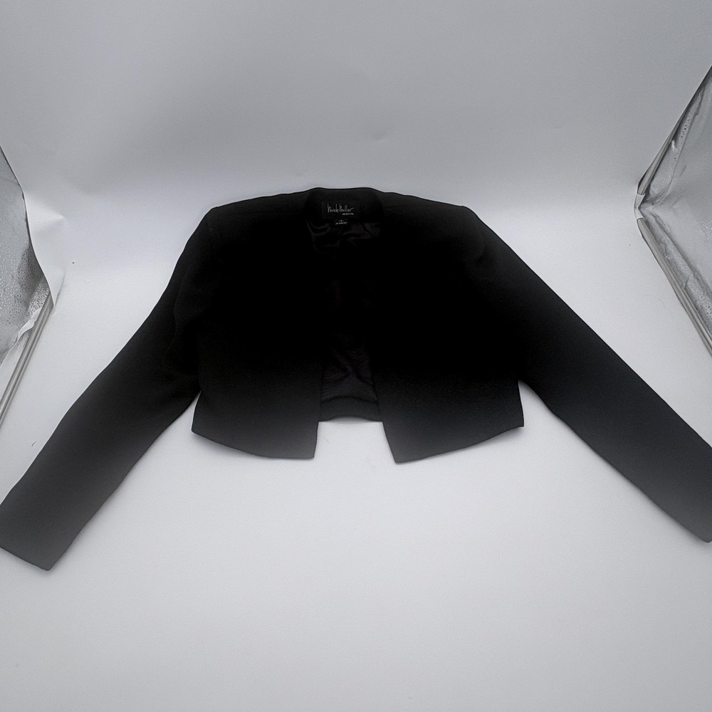 Nicole Miller Blazer Jacket Womens 4 Black Cropped Open Front Tailored Lined